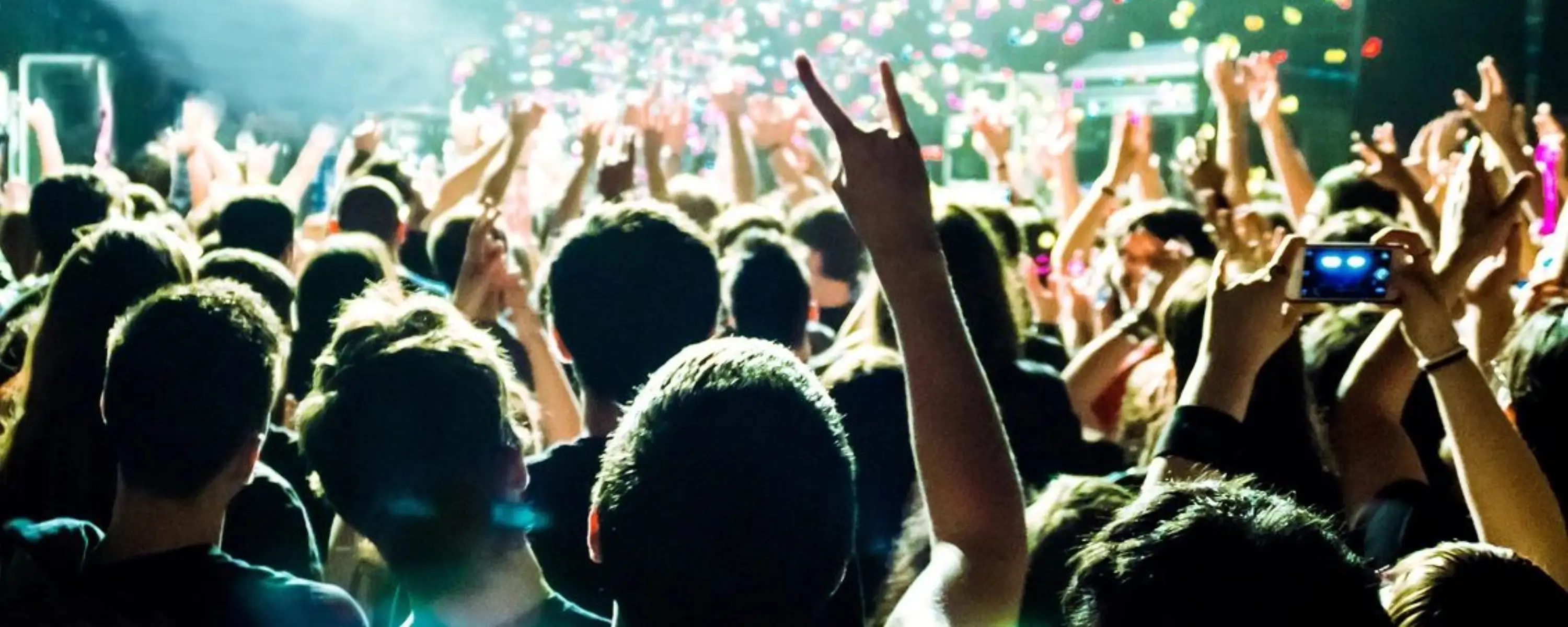 Crowd at a lively concert with hands raised in excitement.