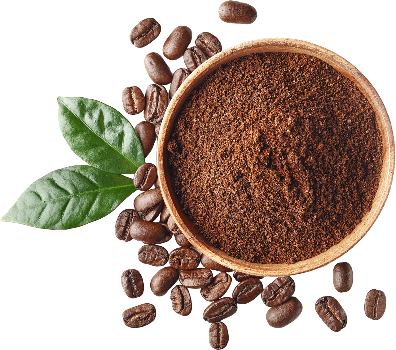 Ground coffee, beans, and leaves on black.