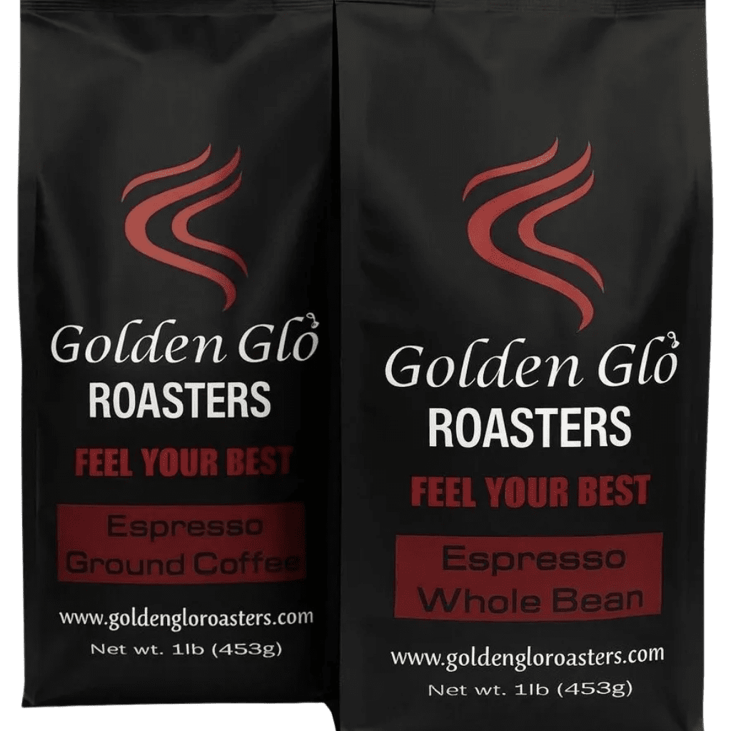 Two black coffee bags labeled Golden Gló Espresso Ground Coffee.